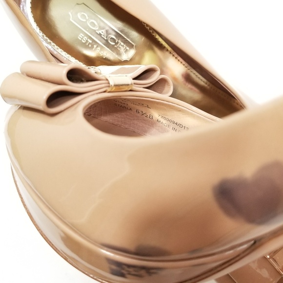 Coach Patent Starla Nude Bow Heels Open Toe Shoes - Picture 5 of 7